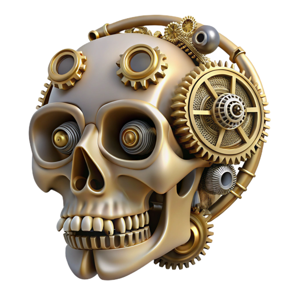 distinctive industrial Steampunk skull with gears and pipes interwoven throughout. NO BACKGROUND with Transparent Background. impeccable png