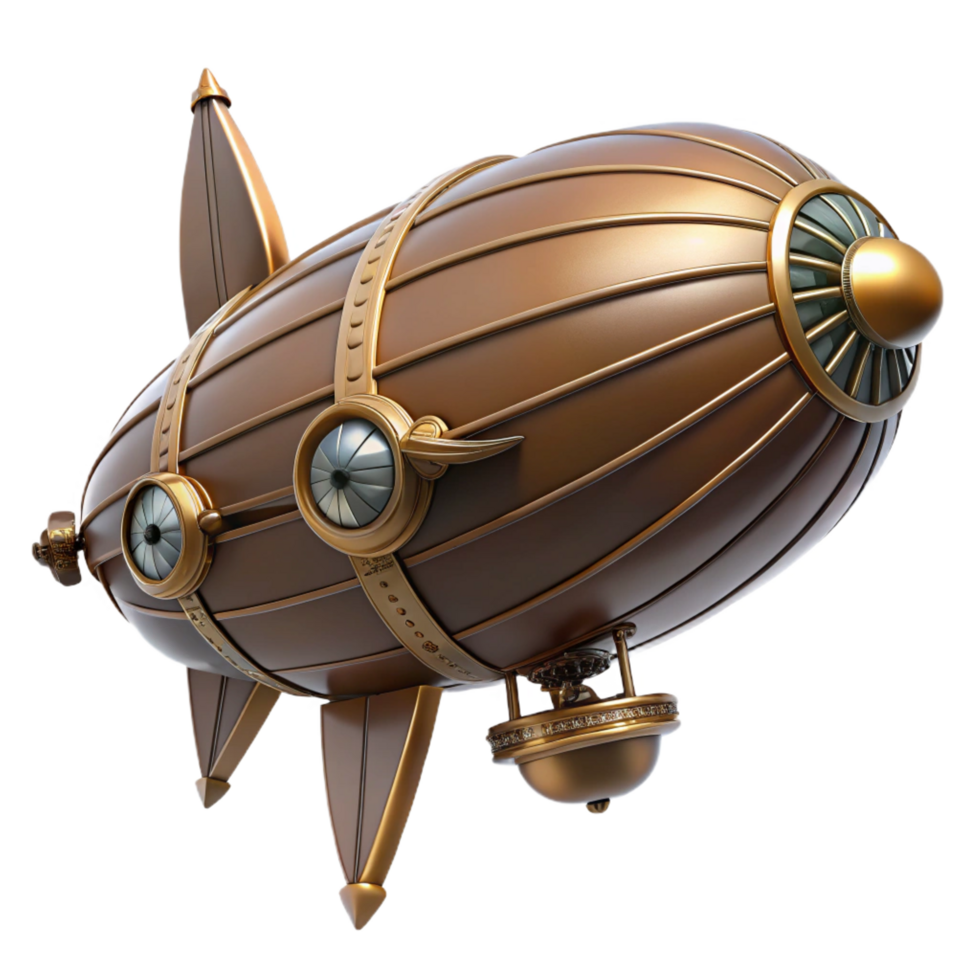beautiful tropical Steampunk zeppelin miniature with intricate details and propellers. NO BACKGROUND with Transparent Background. perfect clarity png