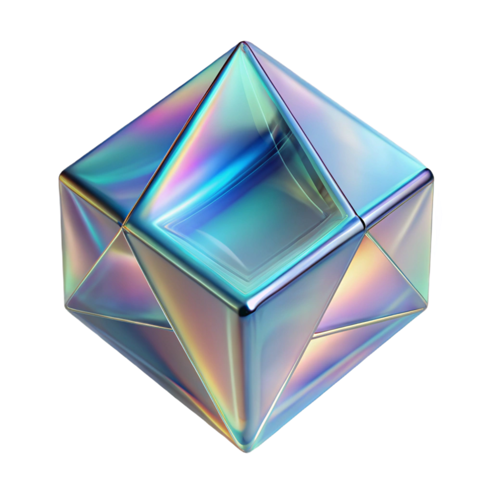 calm pristine A floating, translucent cube with a holographic effect. NO BACKGROUND with Transparent Background. premium png
