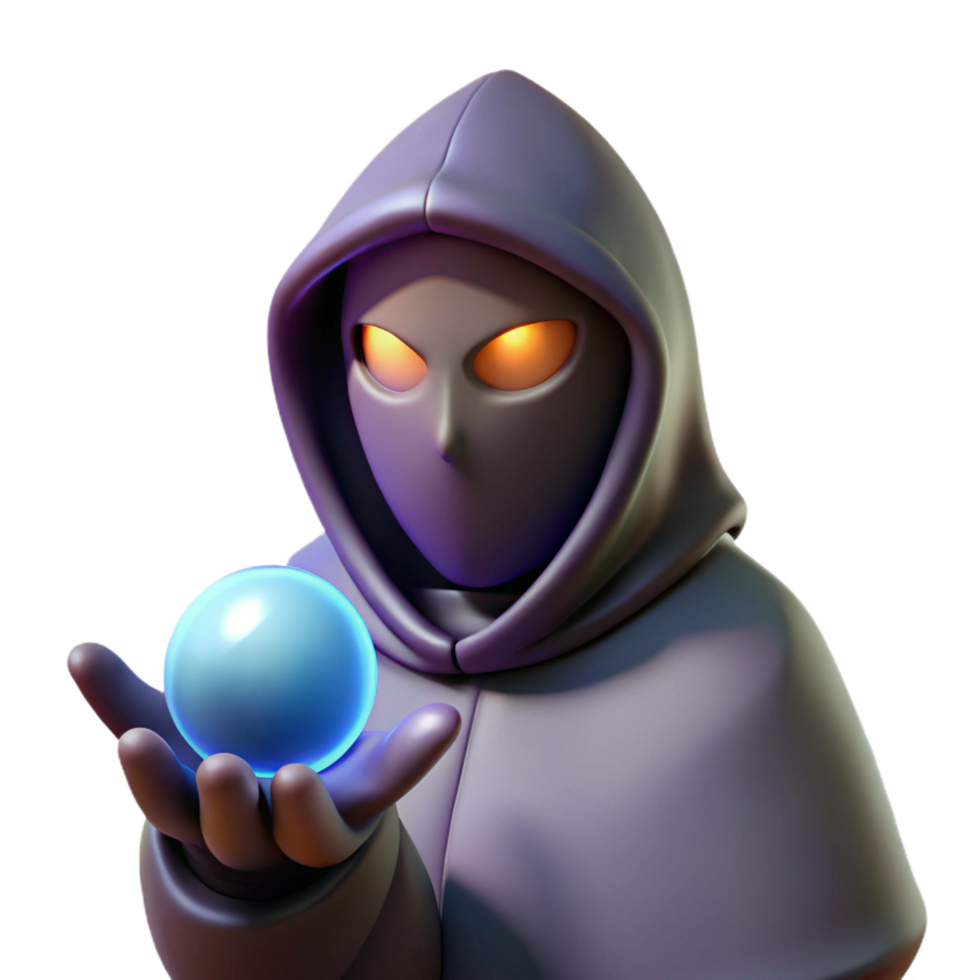 remarkable urban A mysterious hooded figure, holding a glowing orb. NO BACKGROUND with Transparent Background. museum quality png