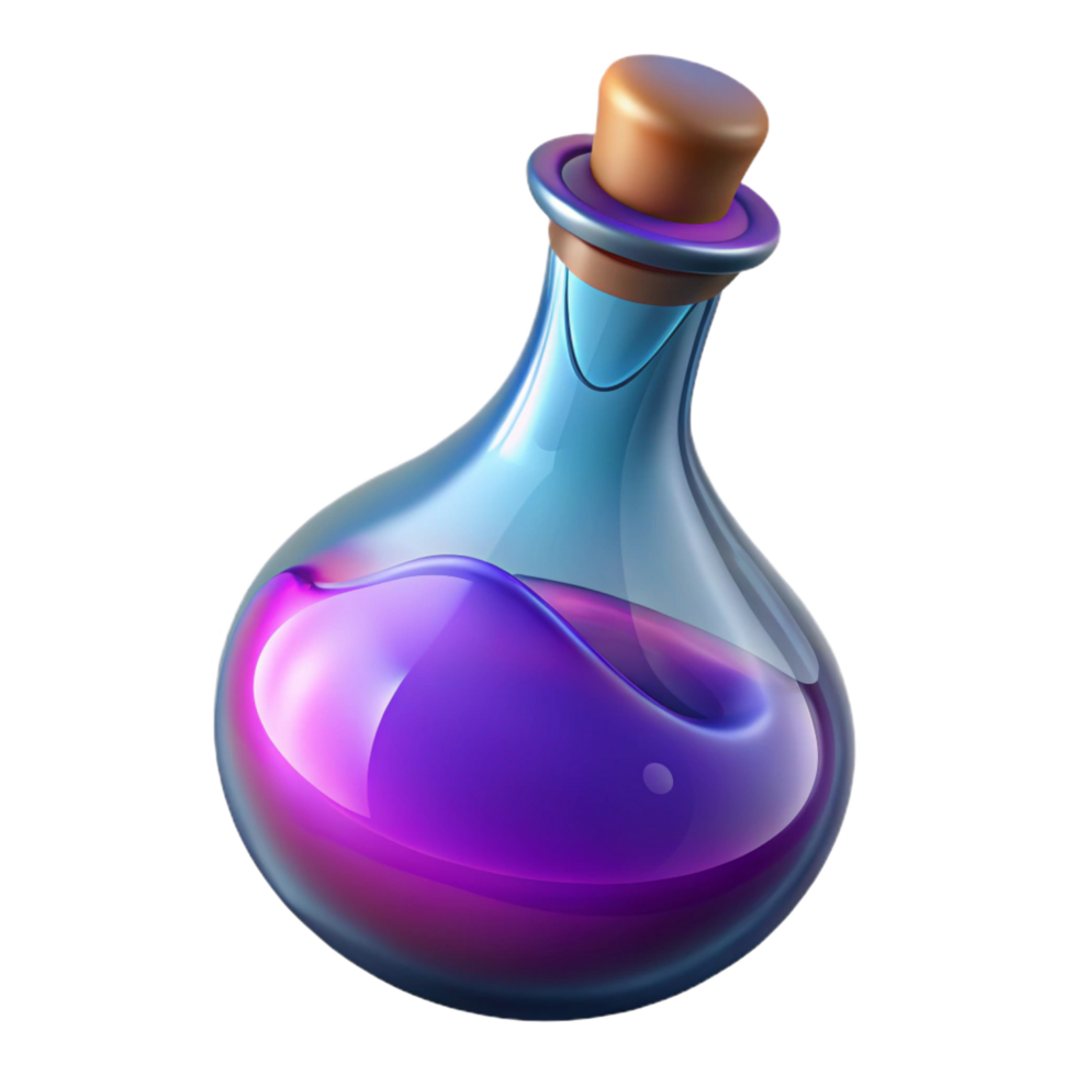 magnificent bold avant-garde A single, glistening potion bottle, filled with a swirling, colorful liquid. NO BACKGROUND with Transparent Background. authentic png
