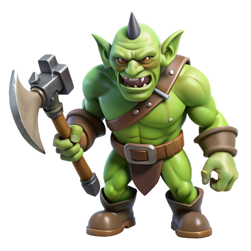 spectacular timeless A menacing orc, wielding a crude axe. NO BACKGROUND with Transparent Background. png