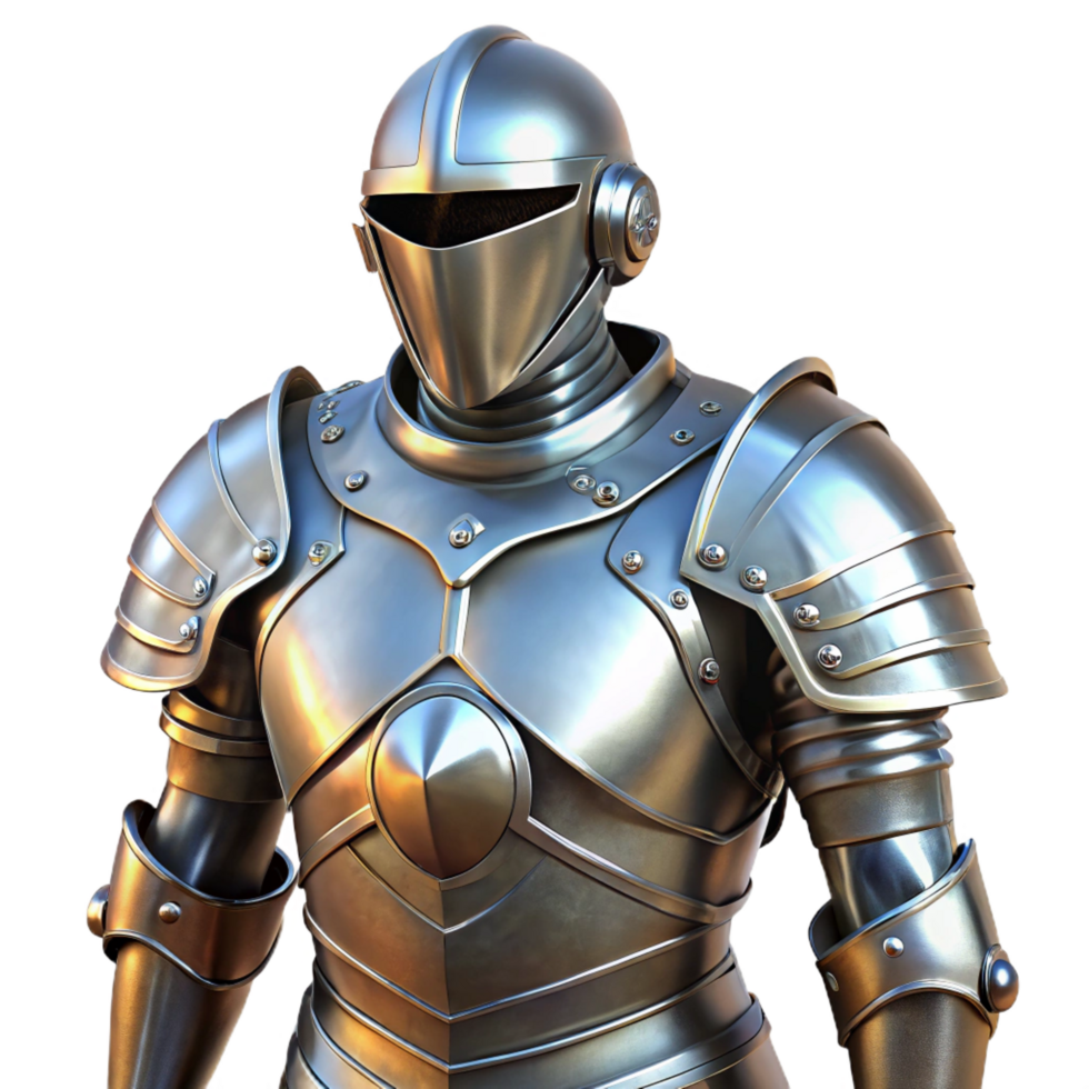 majestic tranquil mid-century A gleaming suit of plate armor, polished and ready for battle. NO BACKGROUND with Transparent Background. ultra HD png