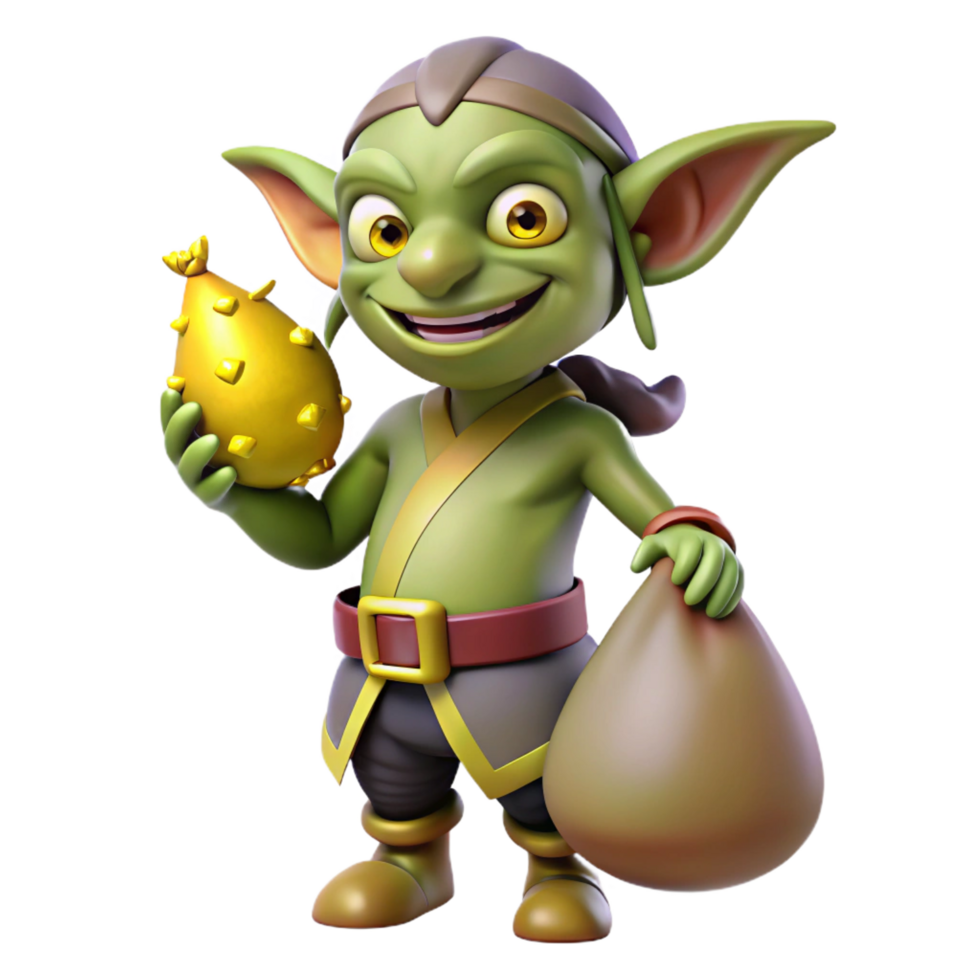 alluring harmonious victorian A cartoon-style goblin, holding a sack of gold. NO BACKGROUND with Transparent Background. luxury png