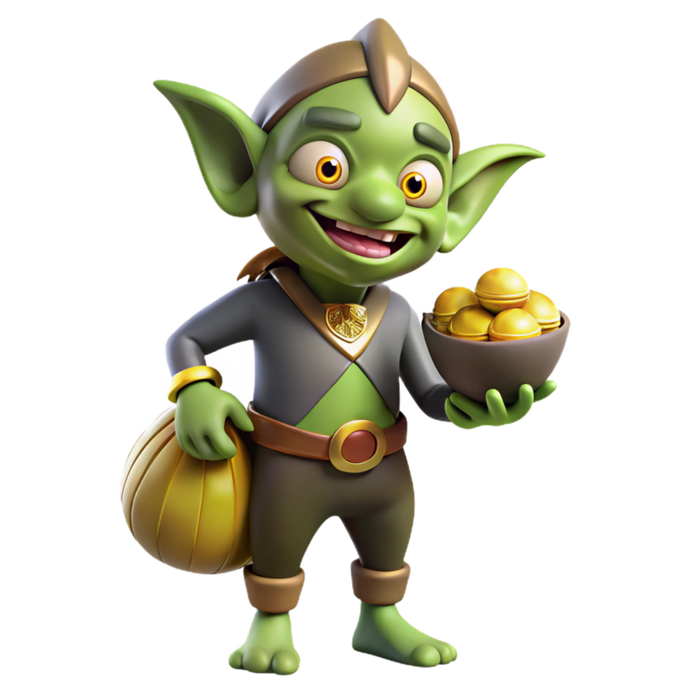 playful radiant A cartoon-style goblin, holding a sack of gold. NO BACKGROUND with Transparent Background. genuine png