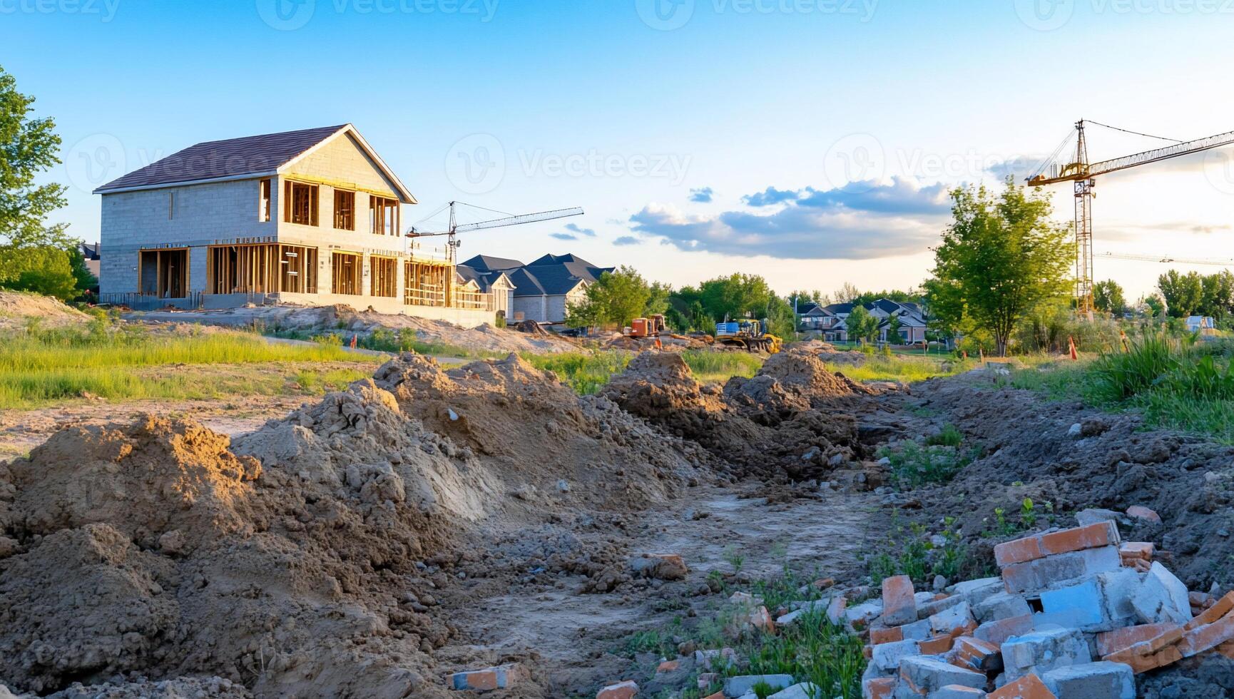 A house under construction with dirt and construction equipment photo