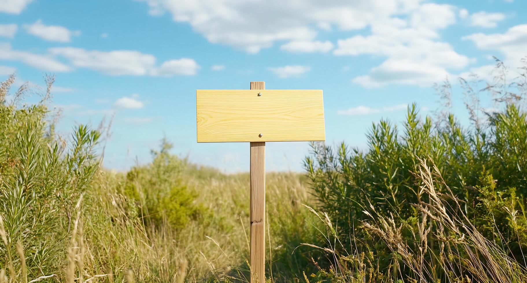 A wooden sign in a field with tall grass photo