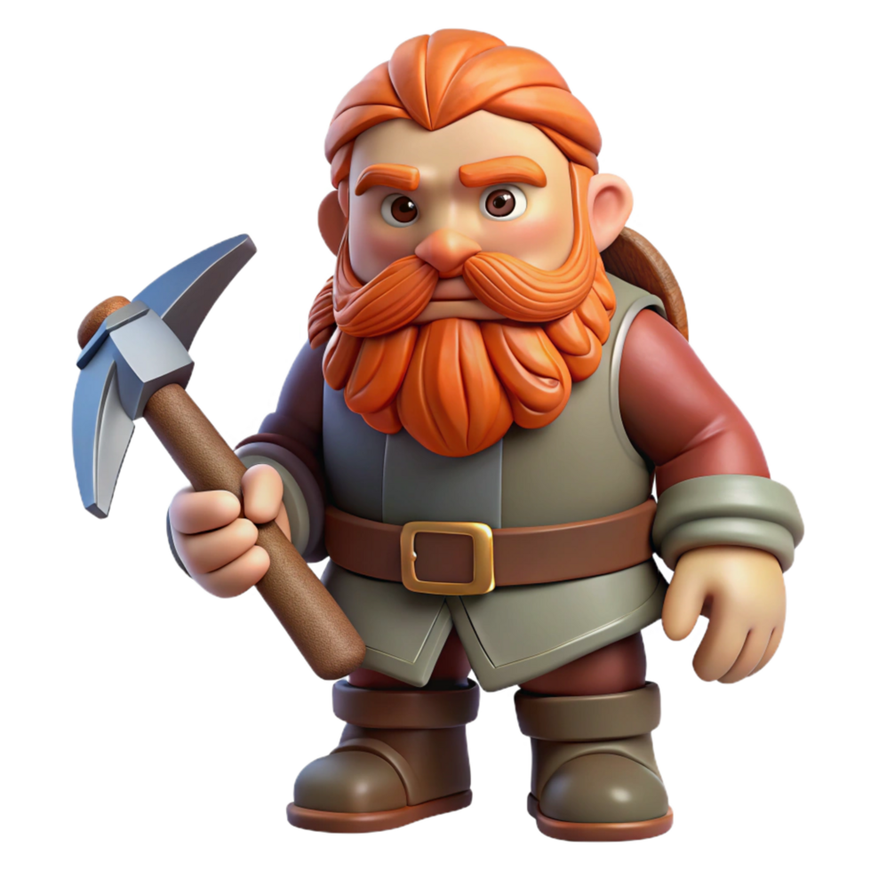 dramatic alluring A detailed, realistic rendering of a dwarf, holding a pickaxe. NO BACKGROUND with Transparent Background. 4K png