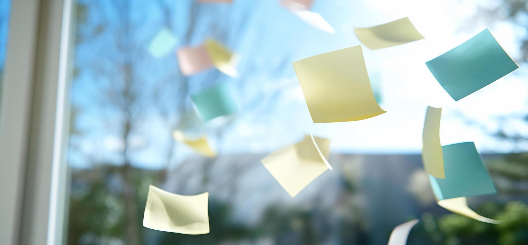 Colorful sticky notes floating in a bright, outdoor environment. photo
