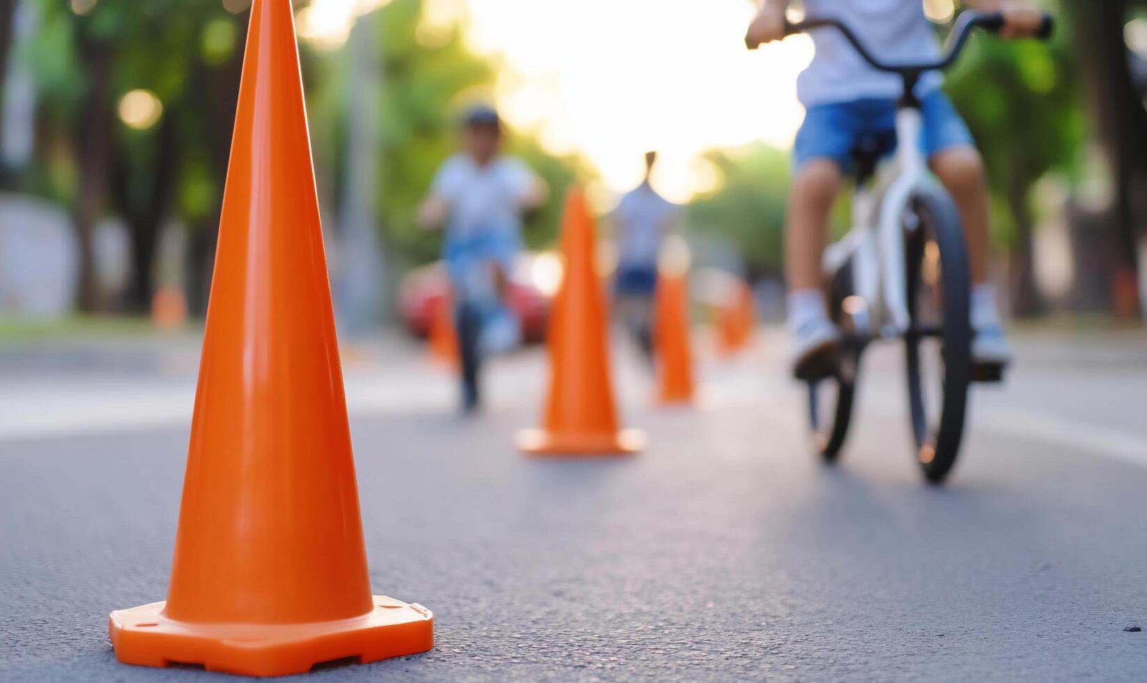 A group of children riding bicycles in front of orange cones photo