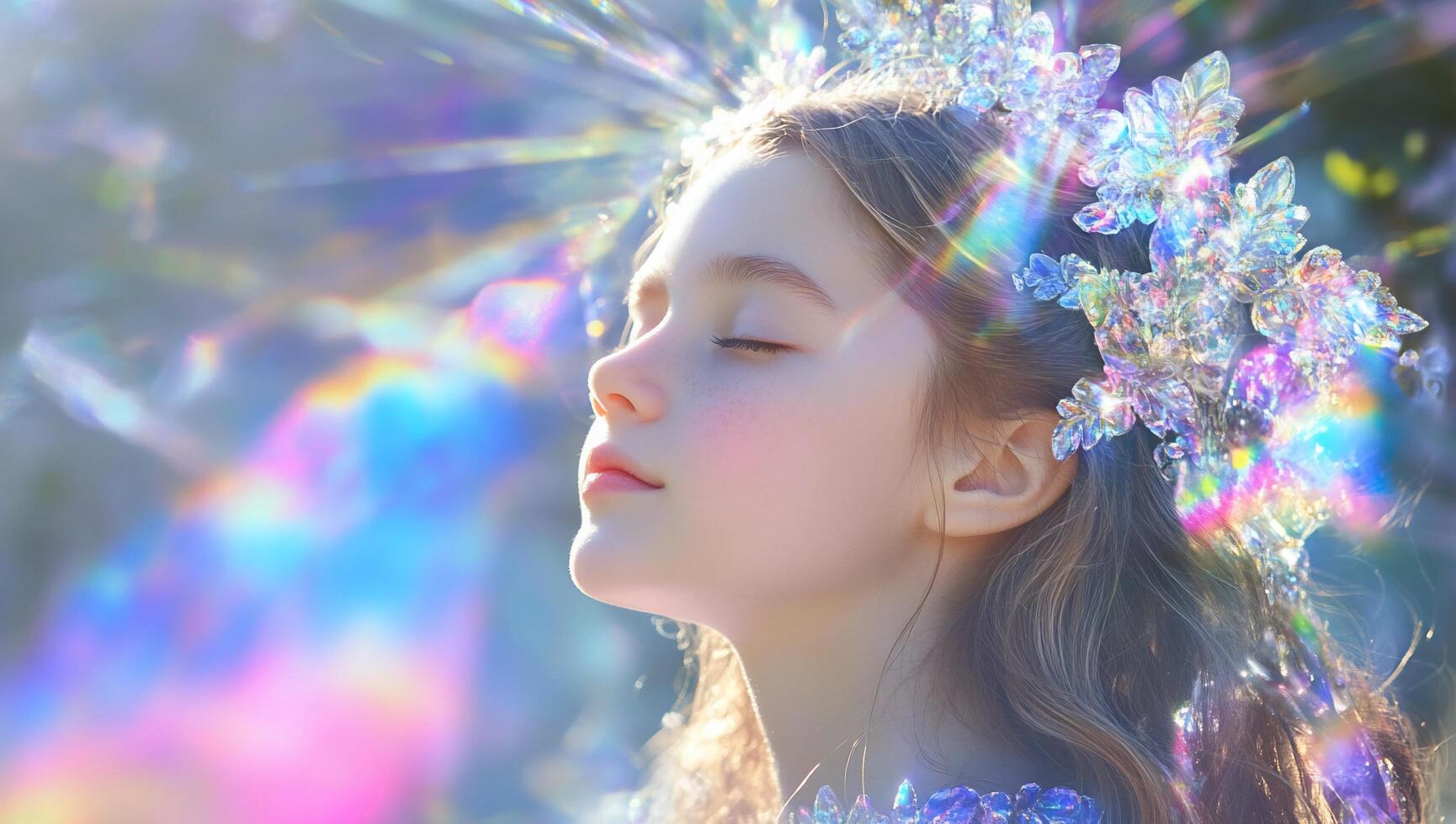 A serene portrait of a girl adorned with a sparkling floral crown. photo