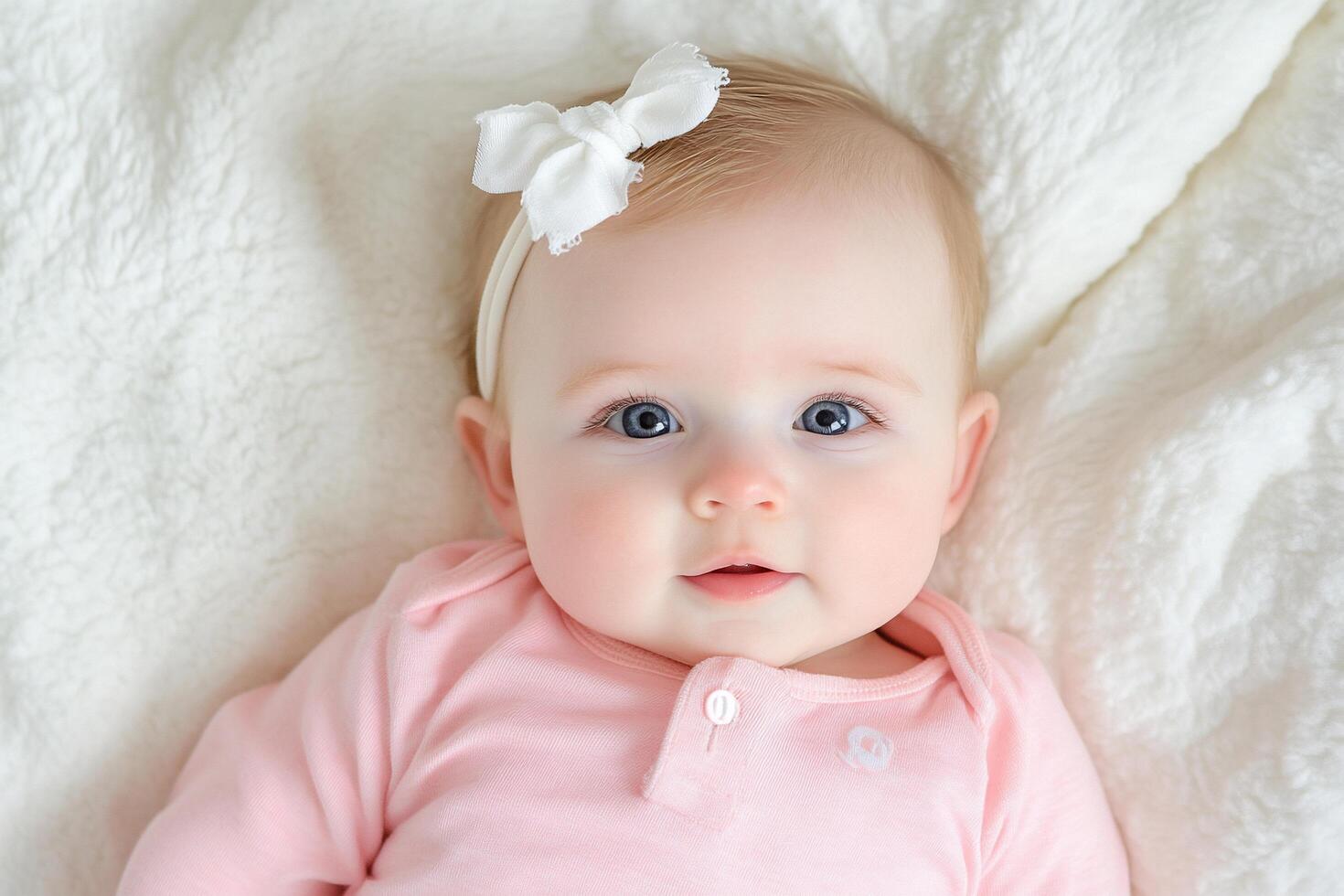 A baby girl in a pink outfit laying on a white blanket photo