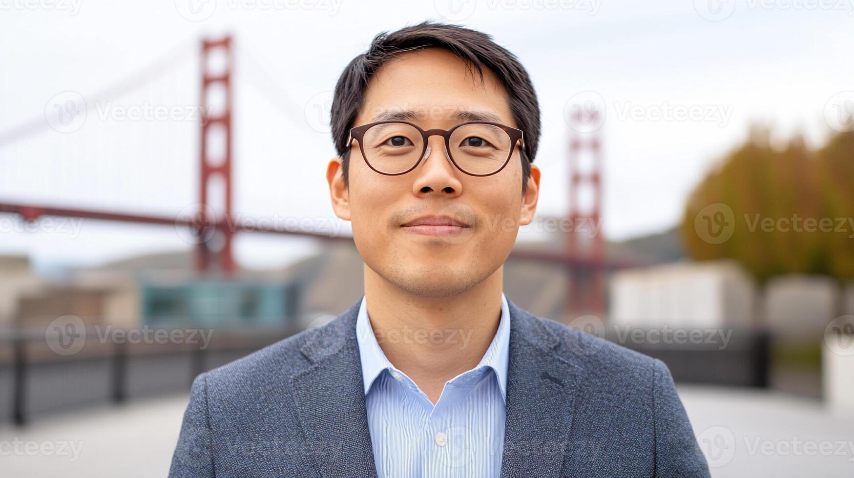 A man in glasses and a suit standing in front of a golden gate bridge photo