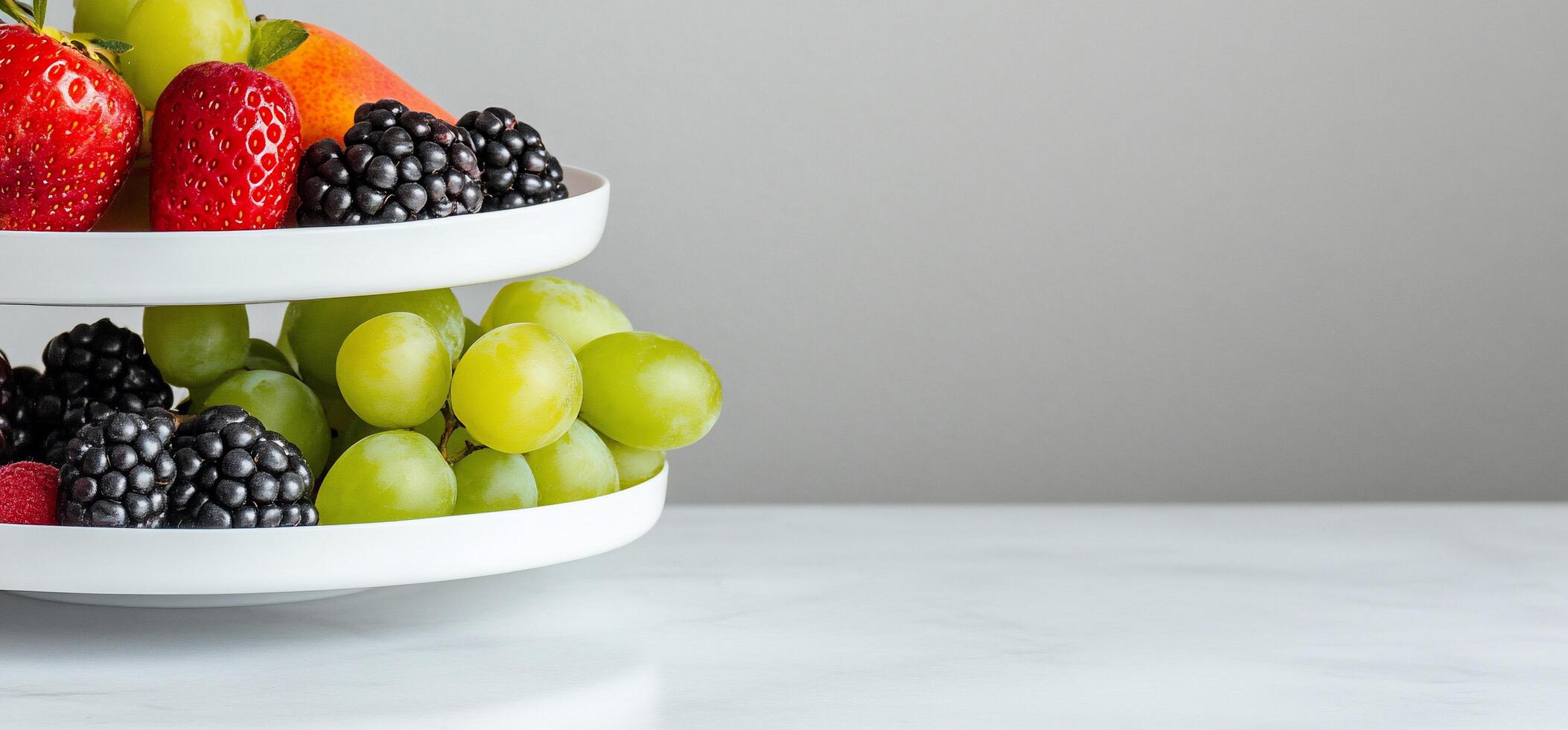 A stack of three white bowls with fruit on them photo