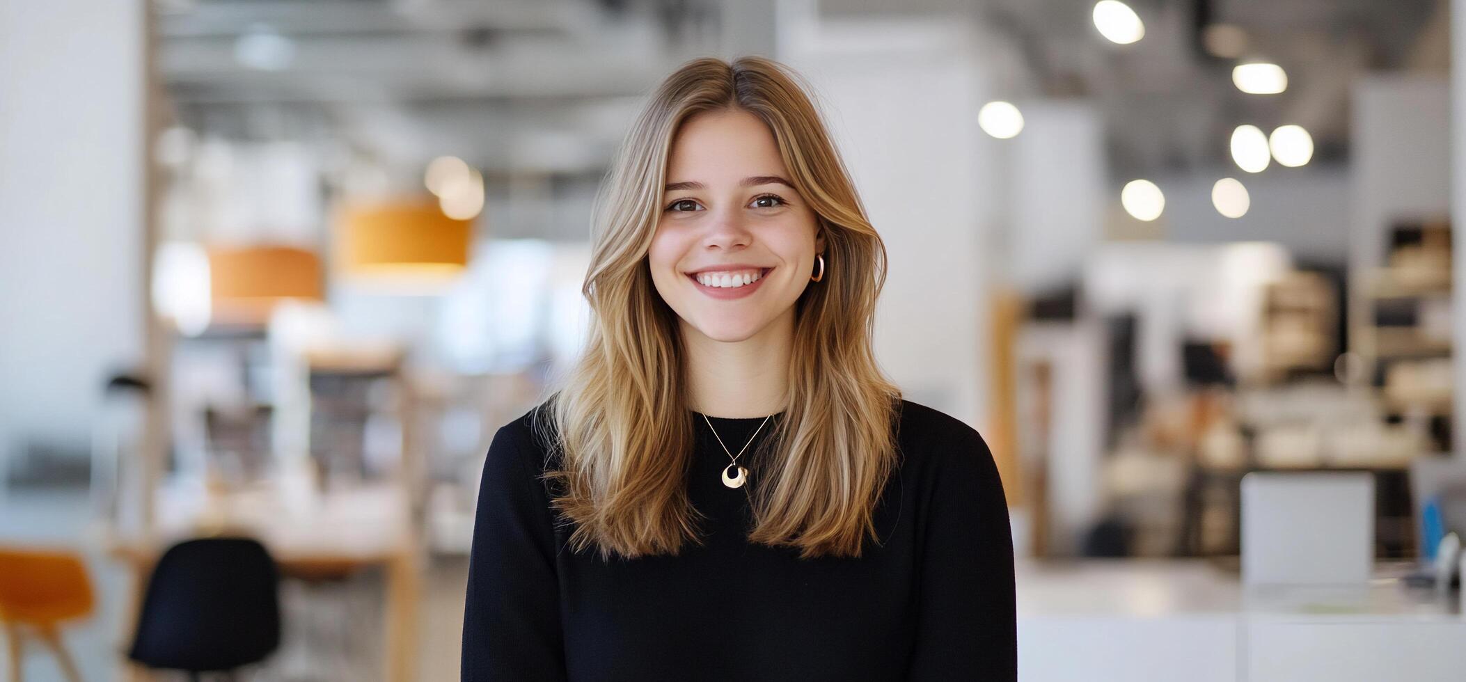 A smiling woman in a modern workspace, exuding positivity and warmth. photo