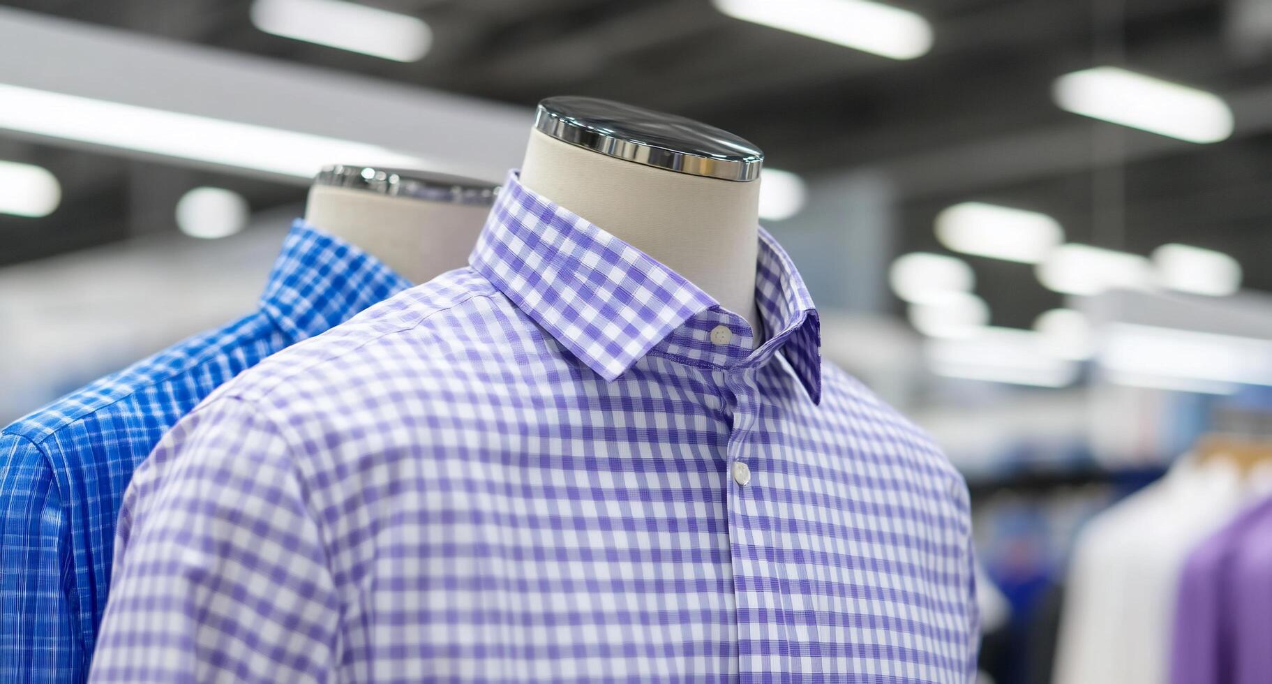 Display of stylish checkered shirts on mannequins in a retail store. photo
