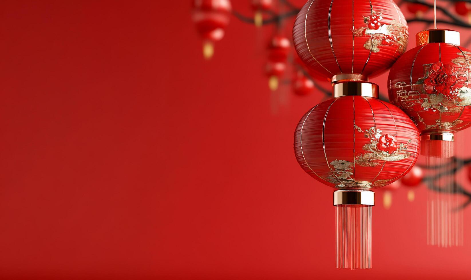 Red lanterns hanging against a vibrant red background for decoration. photo