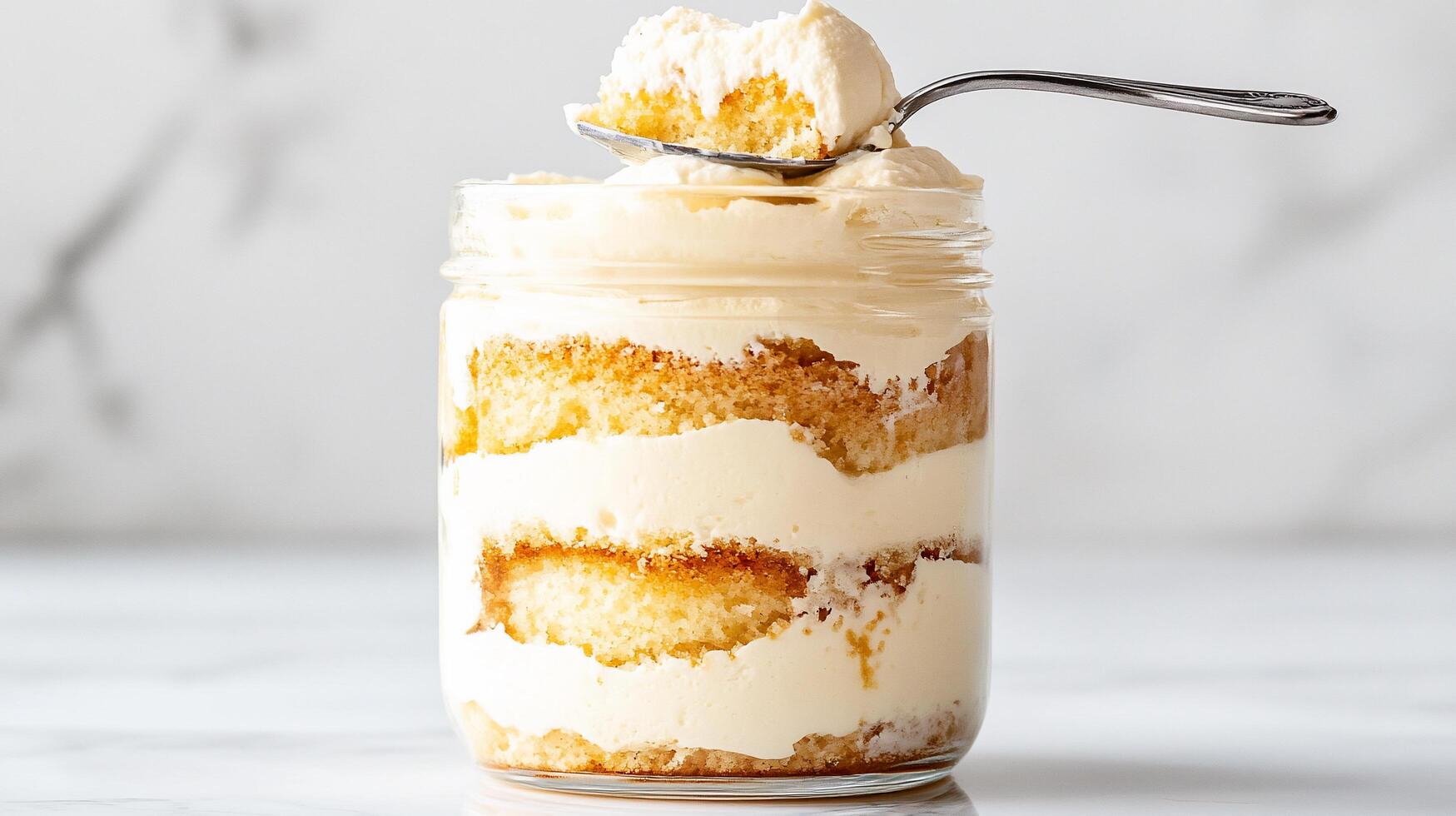 A layered dessert in a jar featuring cake and creamy frosting. photo