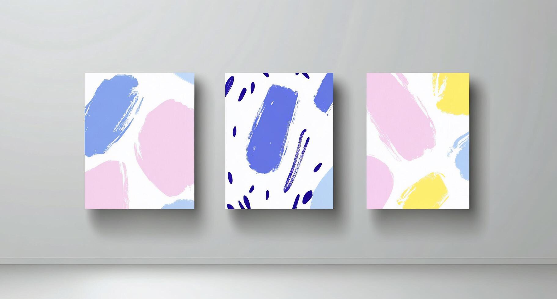 Three abstract paintings with pastel colors and brushstroke patterns. photo