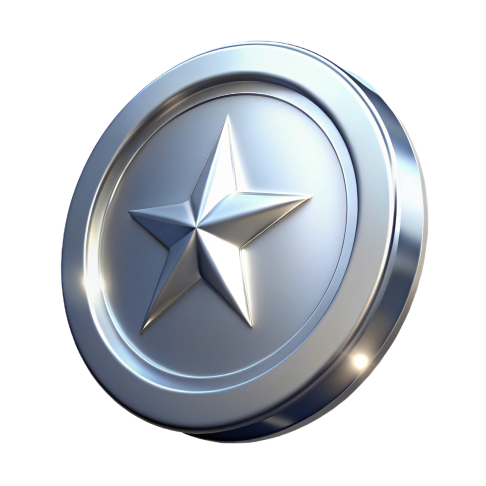 reflective dramatic A single, shining silver coin, NO BACKGROUND with Transparent Background. 4K png