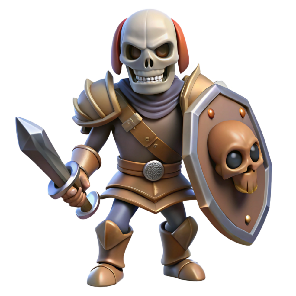 nostalgic extraordinary A menacing skeleton warrior with a sword and shield, NO BACKGROUND with Transparent Background. exclusive png
