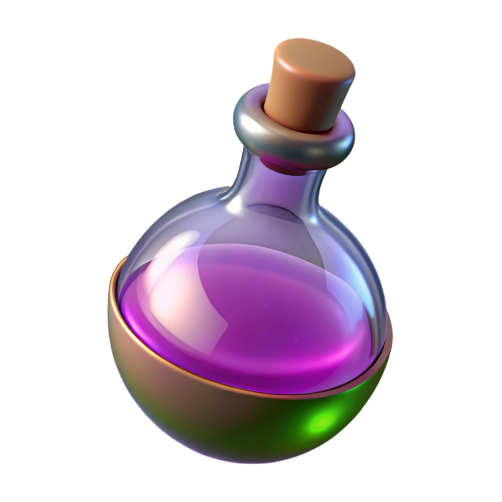 distinguished mid-century A single, glowing potion bottle, NO BACKGROUND with Transparent Background. high resolution png