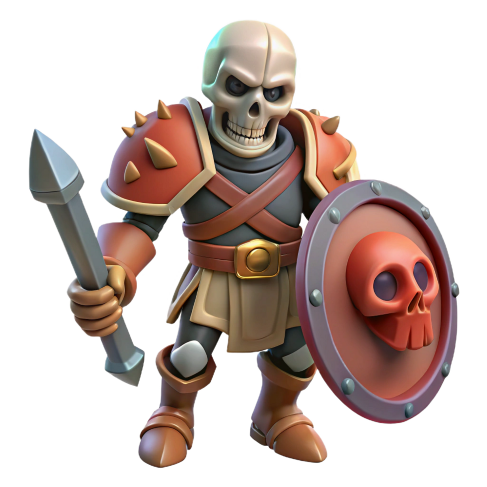 serene energetic surreal A menacing skeleton warrior with a sword and shield, NO BACKGROUND with Transparent Background. 4K png