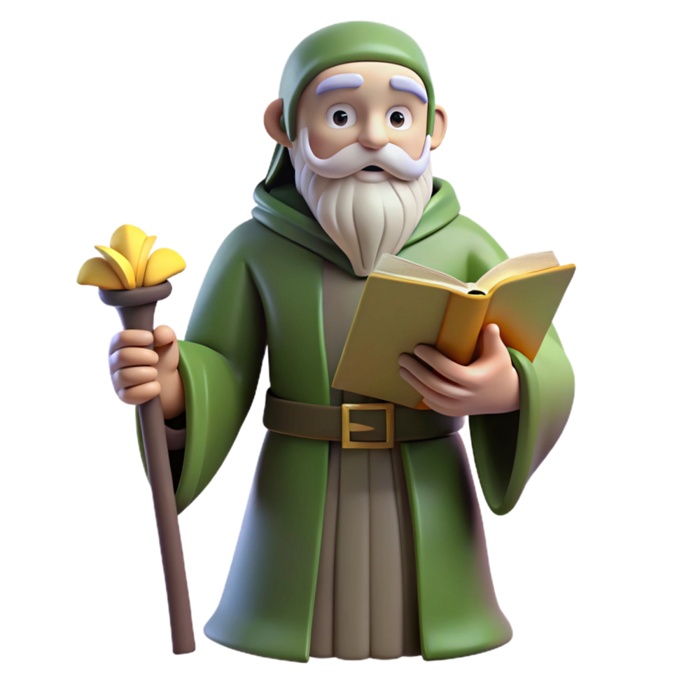 ethereal glorious A wise old sage with a book, NO BACKGROUND with Transparent Background. 8K png