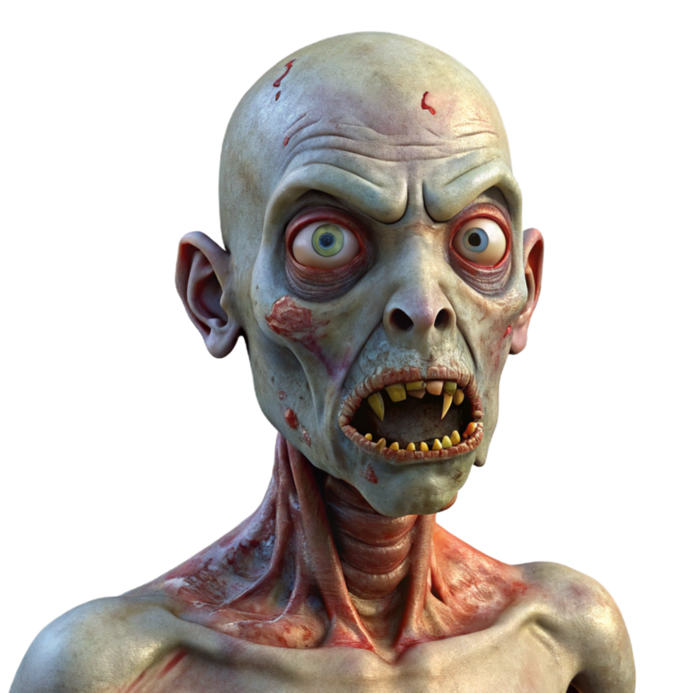 stunning tranquil rustic A terrifying zombie with decaying flesh, NO BACKGROUND with Transparent Background. luxury png