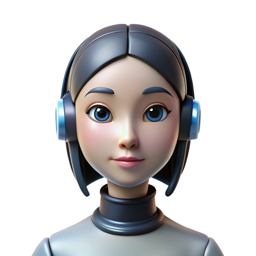tranquil mesmerizing Robot head, female android, realistic features. NO BACKGROUND with Transparent Background. 4K png