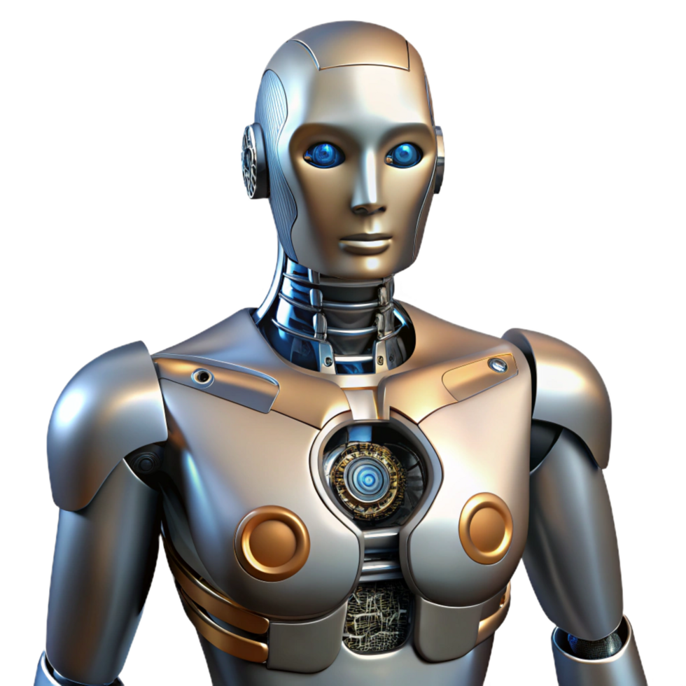 stunning futuristic Robot torso, metallic chest, exposed circuitry. NO BACKGROUND with Transparent Background. detailed png