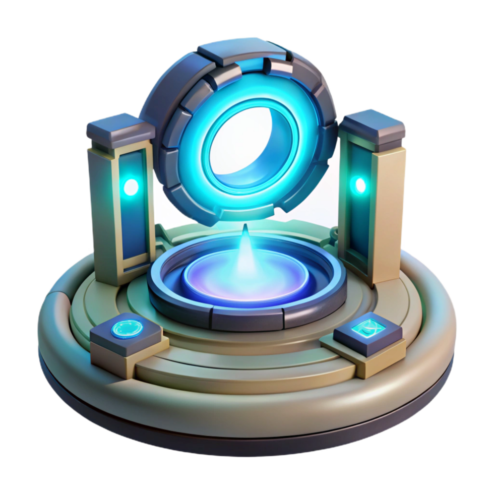 dramatic magnificent Teleportation device, glowing portal, futuristic technology, energy effects. NO BACKGROUND with Transparent Background. 8K png