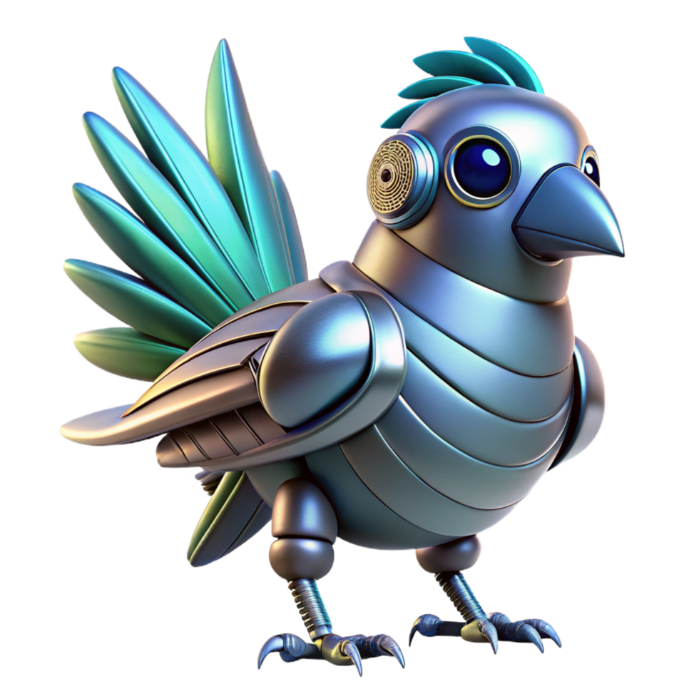 acclaimed surreal Robot bird, metallic feathers, futuristic design, advanced AI. NO BACKGROUND with Transparent Background. studio quality png