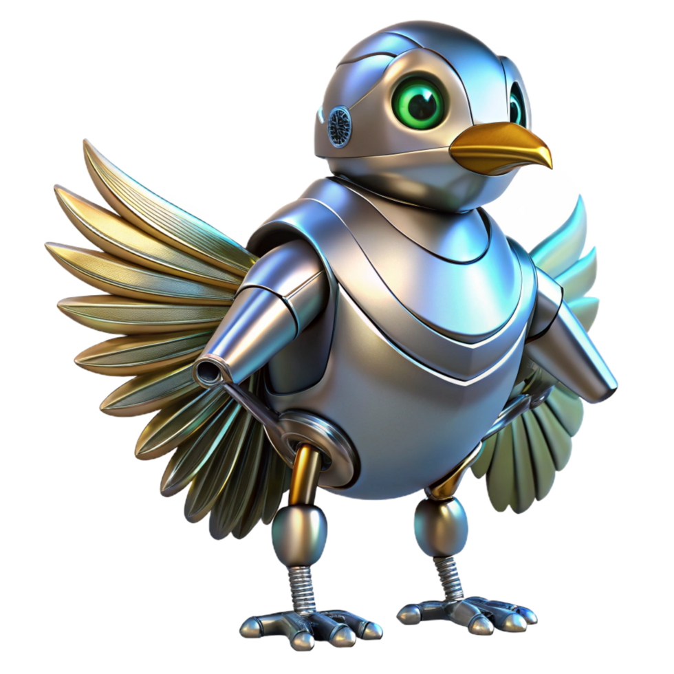 intense dramatic Robot bird, metallic feathers, futuristic design, advanced AI. NO BACKGROUND with Transparent Background. flawless png