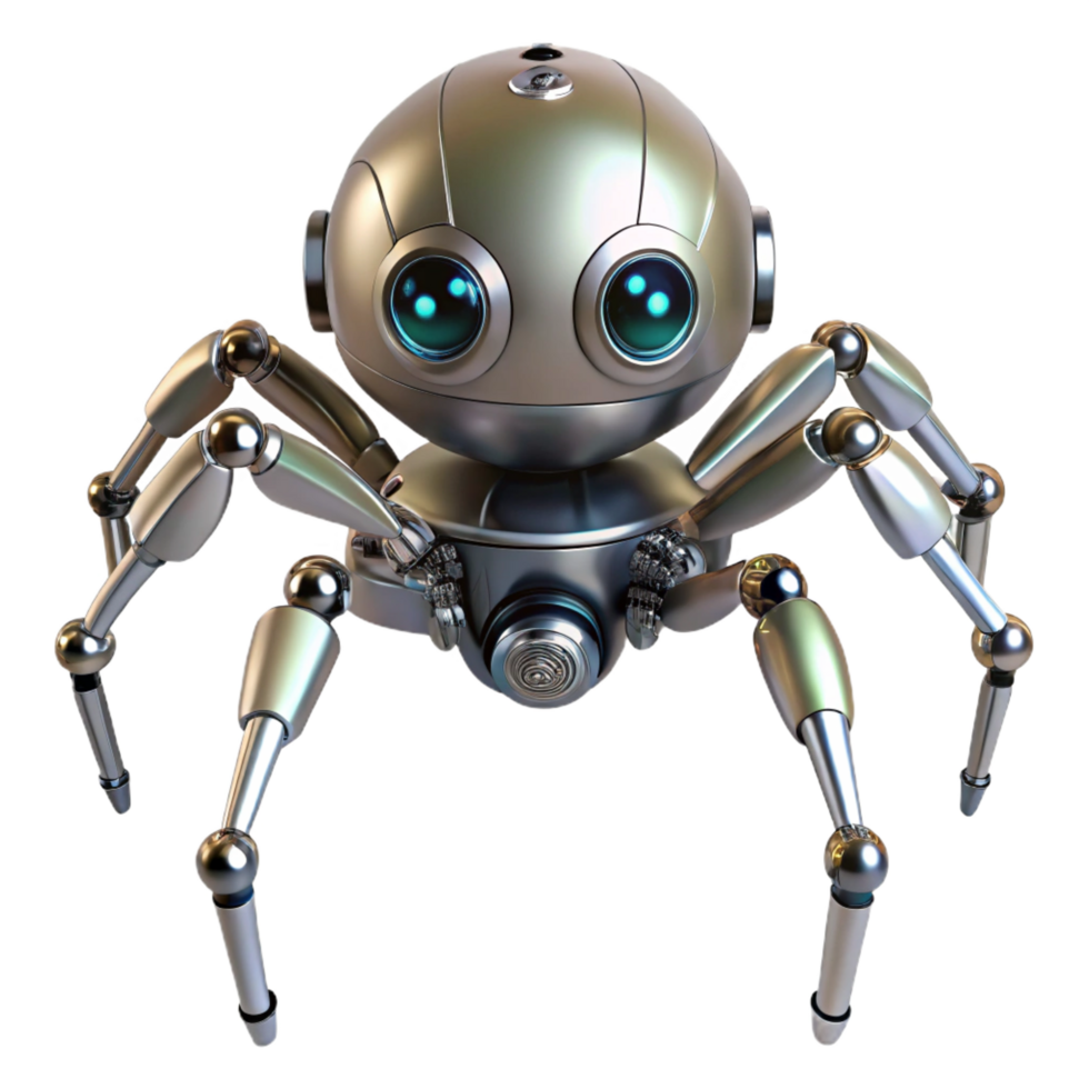 distinctive retro Robot spider, metallic legs, multiple eyes, advanced sensors. NO BACKGROUND with Transparent Background. high quality png