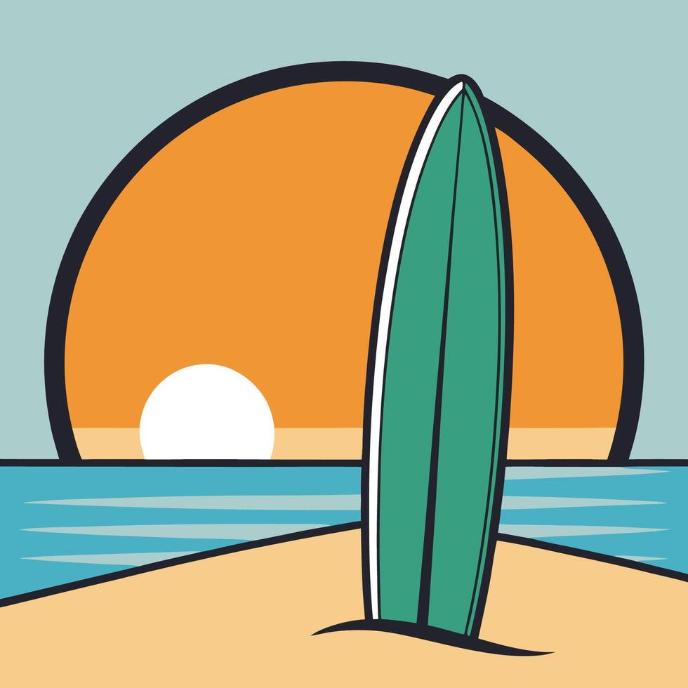 Long Surfboard Leaning on Sand with Sunset vector