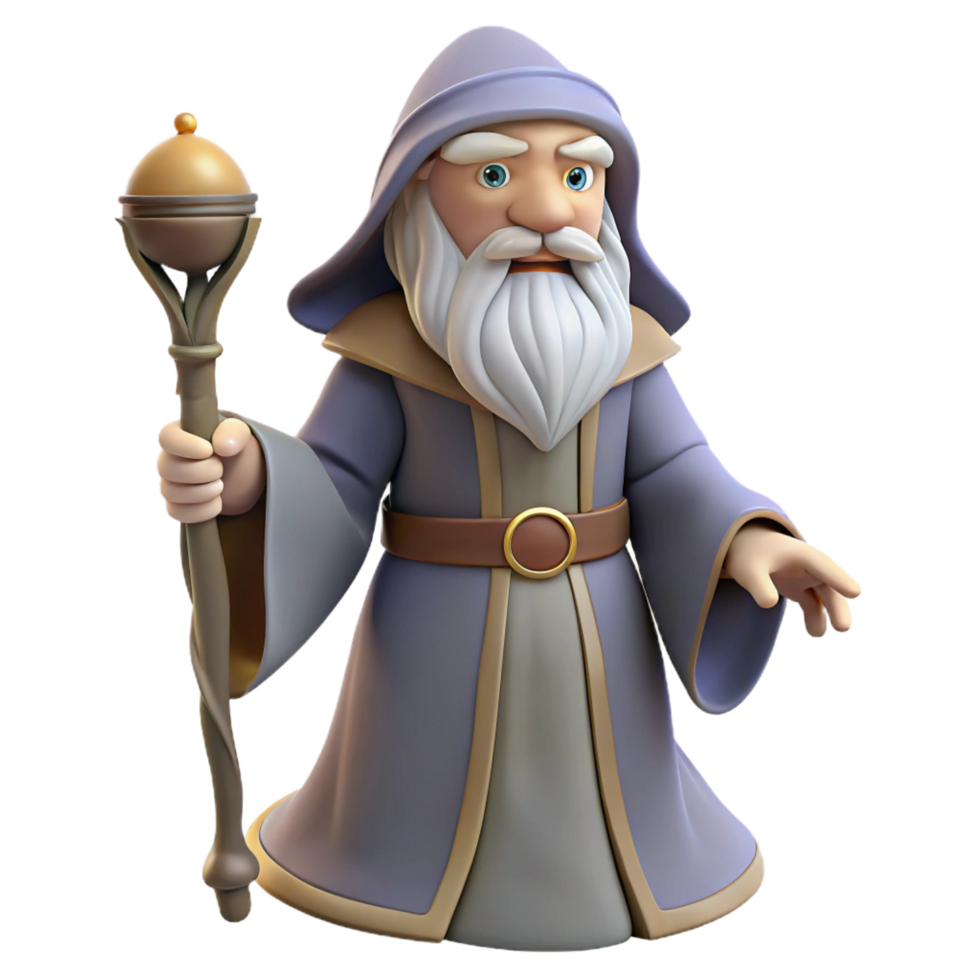 unforgettable surreal A wise old wizard with a long white beard and staff. NO BACKGROUND with Transparent Background. museum quality png