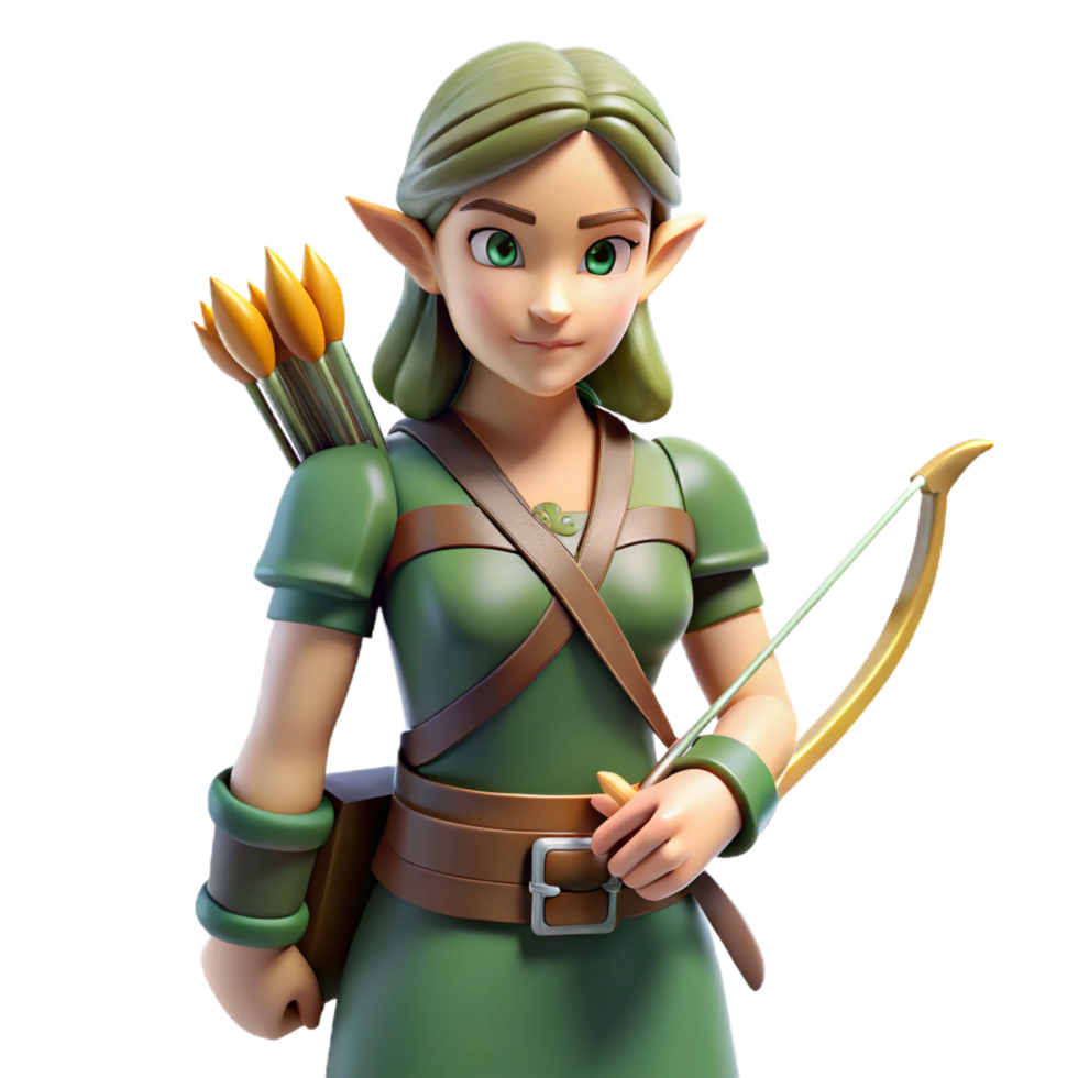 playful dramatic A beautiful elf archer with a quiver of arrows. NO BACKGROUND with Transparent Background. precision png