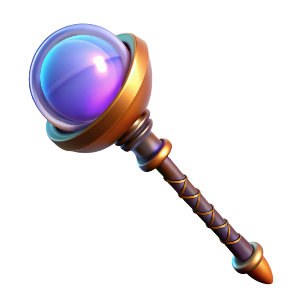 dramatic magnificent A powerful magic staff topped with a glowing orb. NO BACKGROUND with Transparent Background. museum quality png
