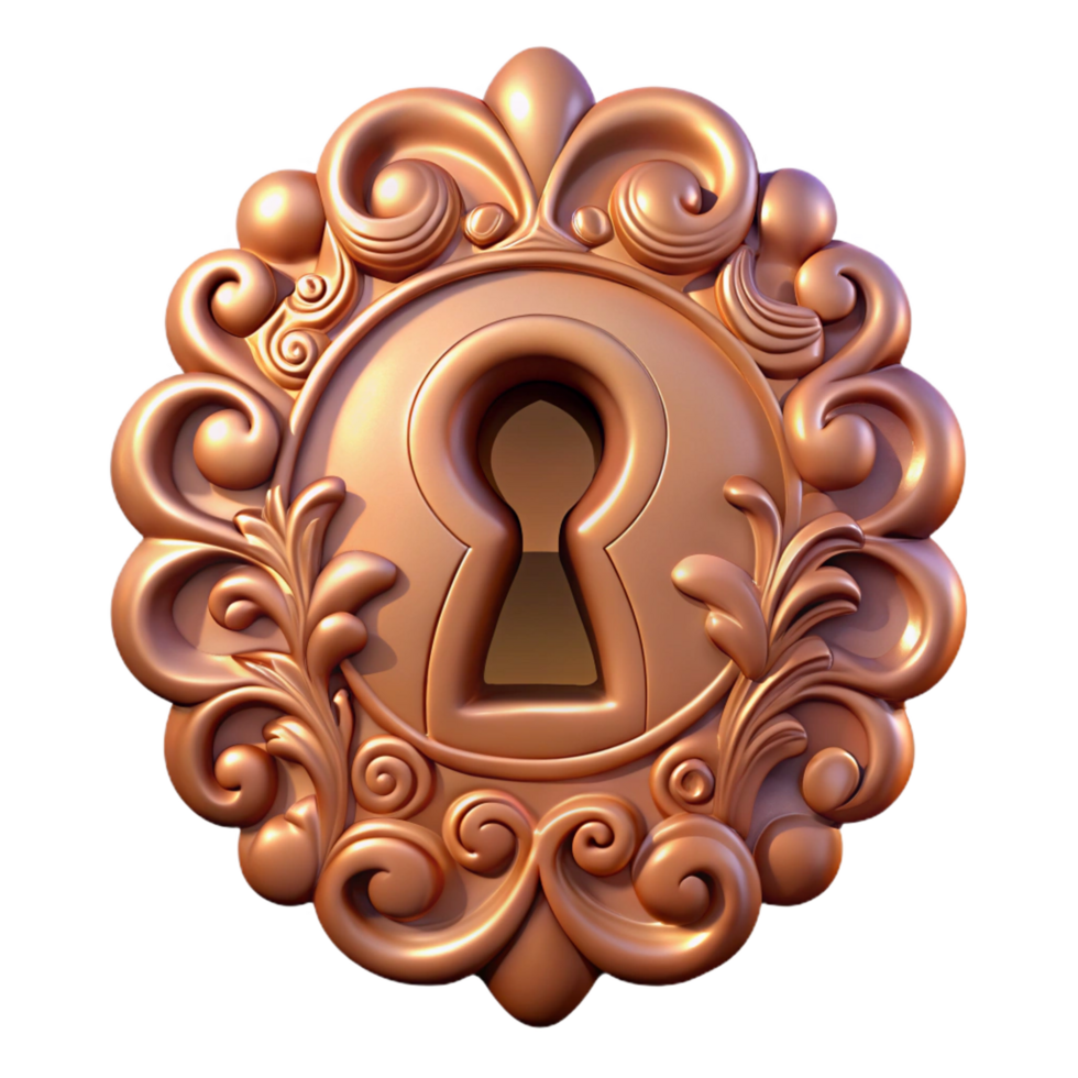 rare organic A single, ornate keyhole with intricate carvings. NO BACKGROUND with Transparent Background. high resolution png