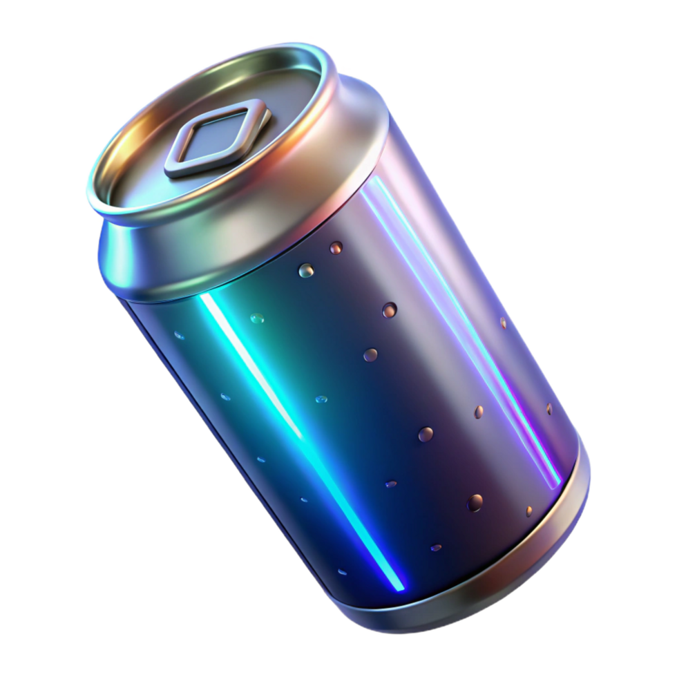 picturesque dynamic abstract Futuristic energy drink can with glowing liquid NO BACKGROUND with Transparent Background. detailed png