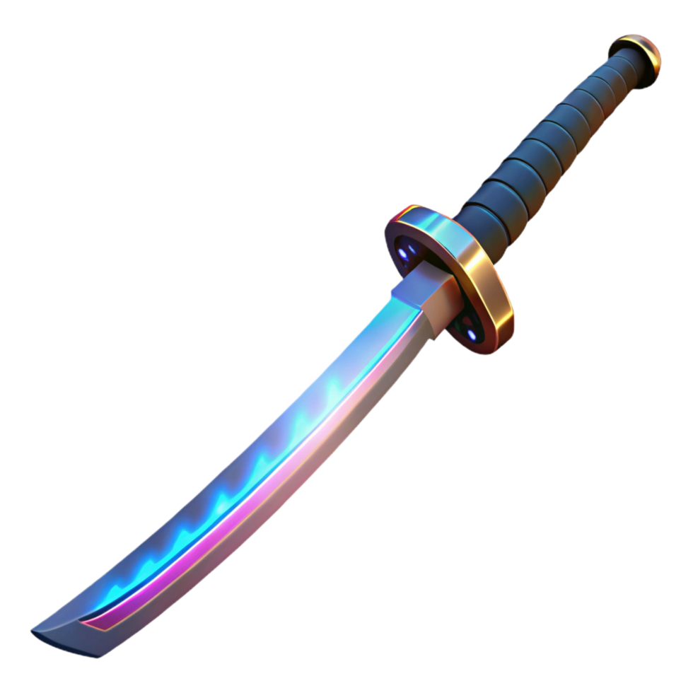 remarkable contemporary Cyberpunk katana with glowing blade NO BACKGROUND with Transparent Background. perfect clarity png