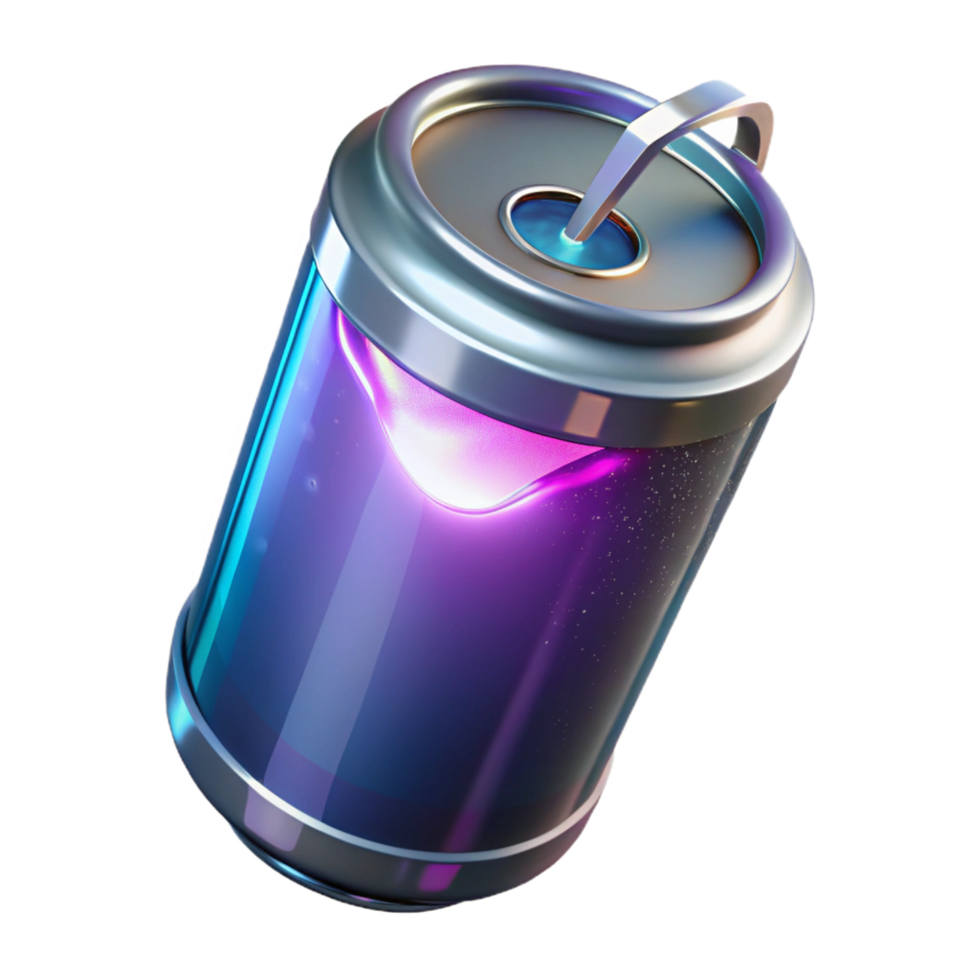 wonderful organic Futuristic energy drink can with glowing liquid NO BACKGROUND with Transparent Background. original png