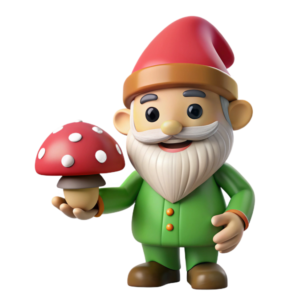 dynamic splendid A smiling gnome, holding a mushroom, NO BACKGROUND with Transparent Background. premium png