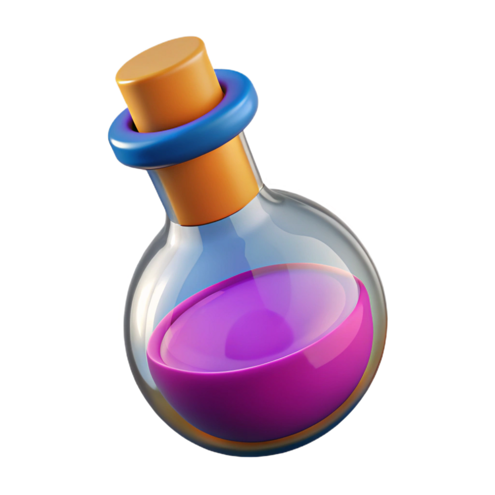 dynamic radiant A single, stylized potion bottle, with a colorful label, NO BACKGROUND with Transparent Background. ultra HD png
