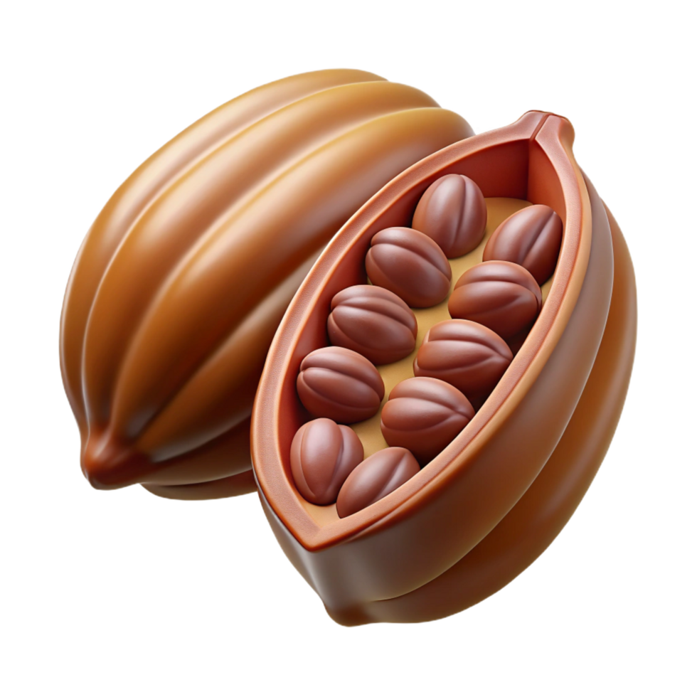 celebrated mid-century Cocoa pod cut open showing beans NO BACKGROUND with Transparent Background. studio quality png