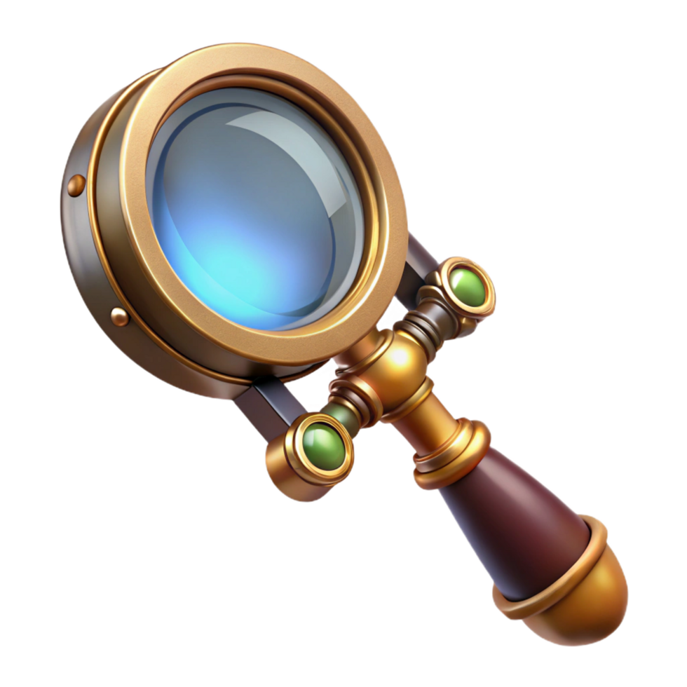 unparalleled rustic Steampunk magnifying glass with a brass handle and a magnifying lens. NO BACKGROUND with Transparent Background. crisp png