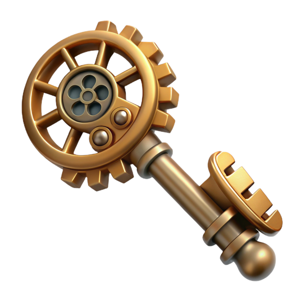 quintessencial boêmio steampunk chave com intrincado esculturas e uma relógio mecanismo. não fundo com transparente fundo. nível superior png