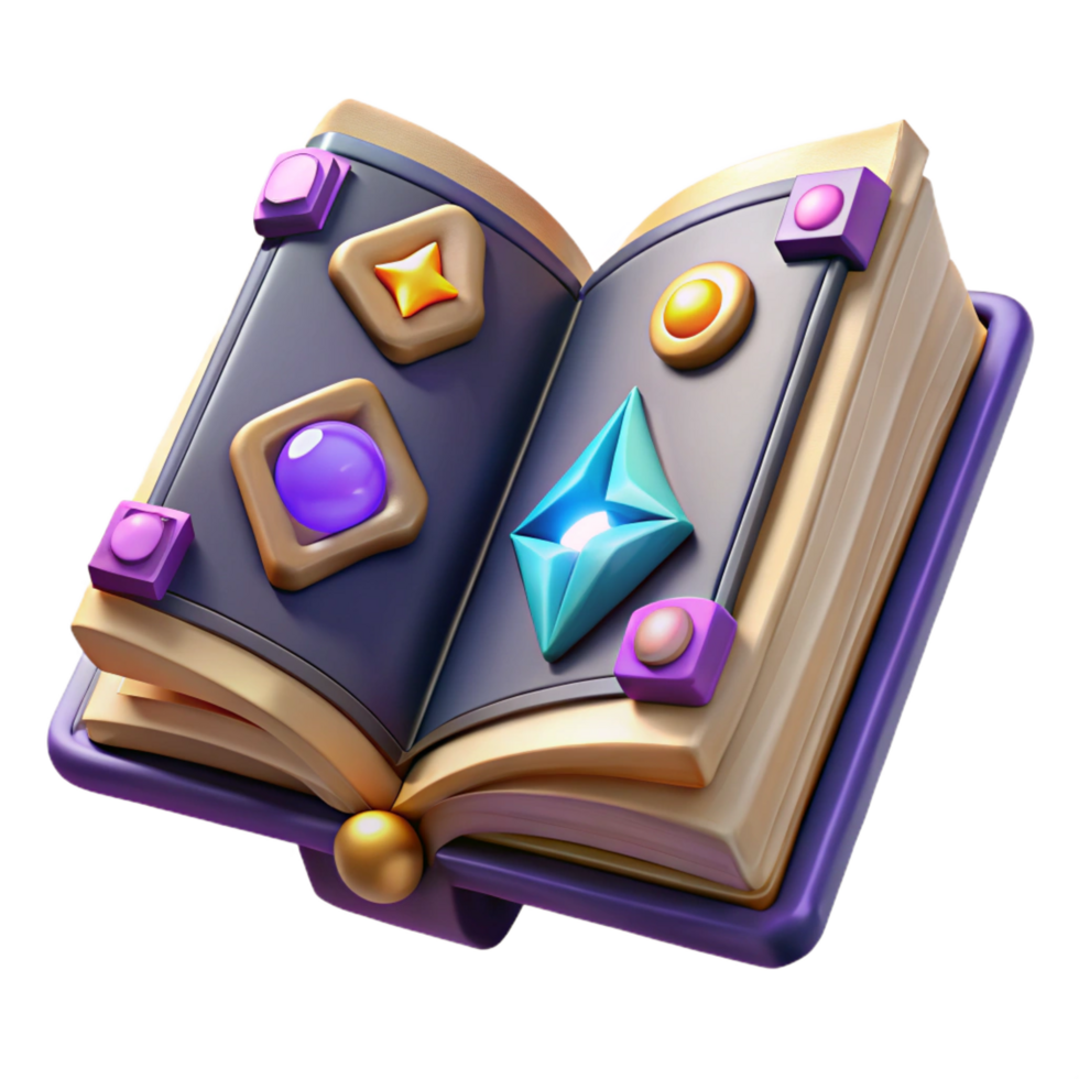 alluring coveted A stylized, open grimoire, filled with arcane symbols. NO BACKGROUND with Transparent Background. png