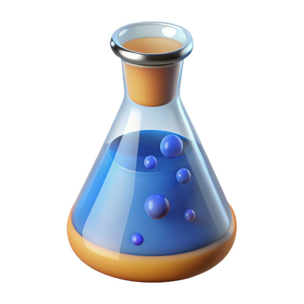 dramatic radiant Laboratory beaker with bubbling liquid NO BACKGROUND with Transparent Background. fine detail png